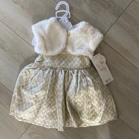 NWT Baby Girl Metallic Dress with Fur - Picture 1 of 4